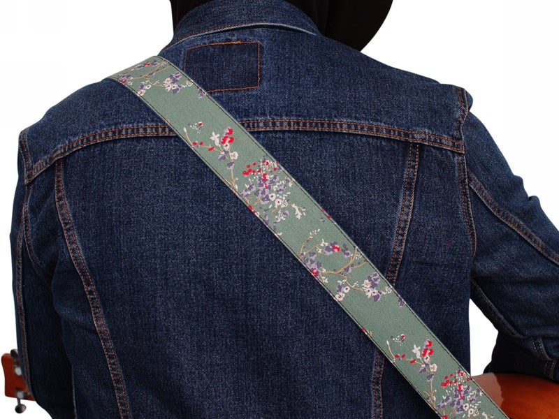 MUSIC FIRST Original Design, 2 inch width (5cm), Vintage Style â€œPlum Flowersâ€ Canvas & Genuine Leather Floral Guitar Strap Electric Guitar straps - Image 3